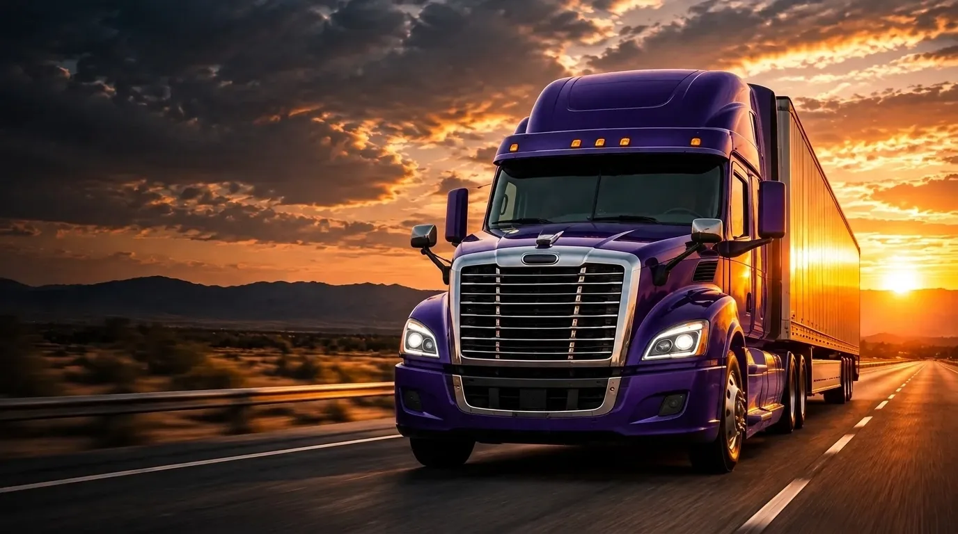 Modern semi truck driving on an open highway at sunset